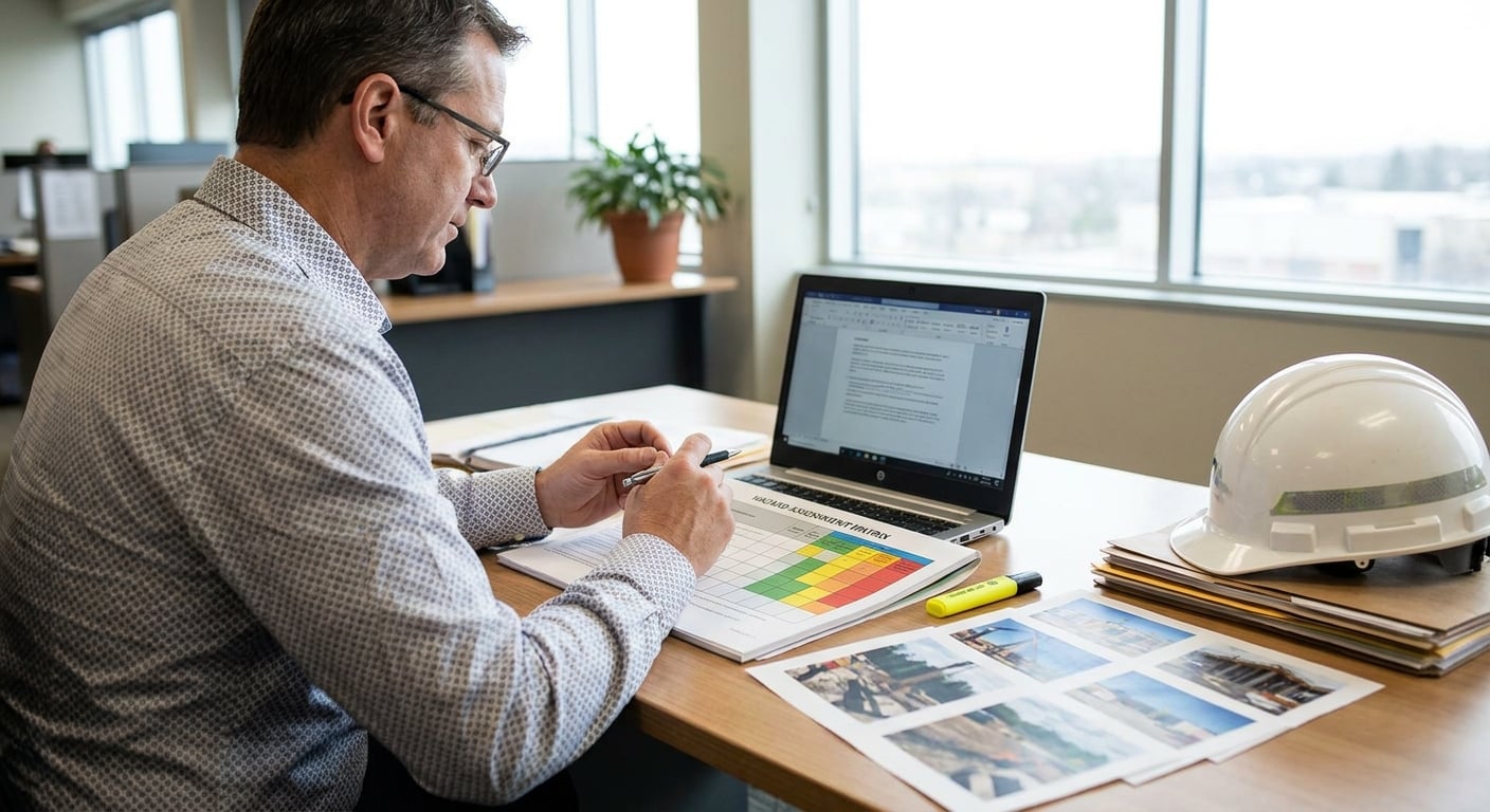 A safety professional building a formal hazard assessment with a risk matrix and site photos.