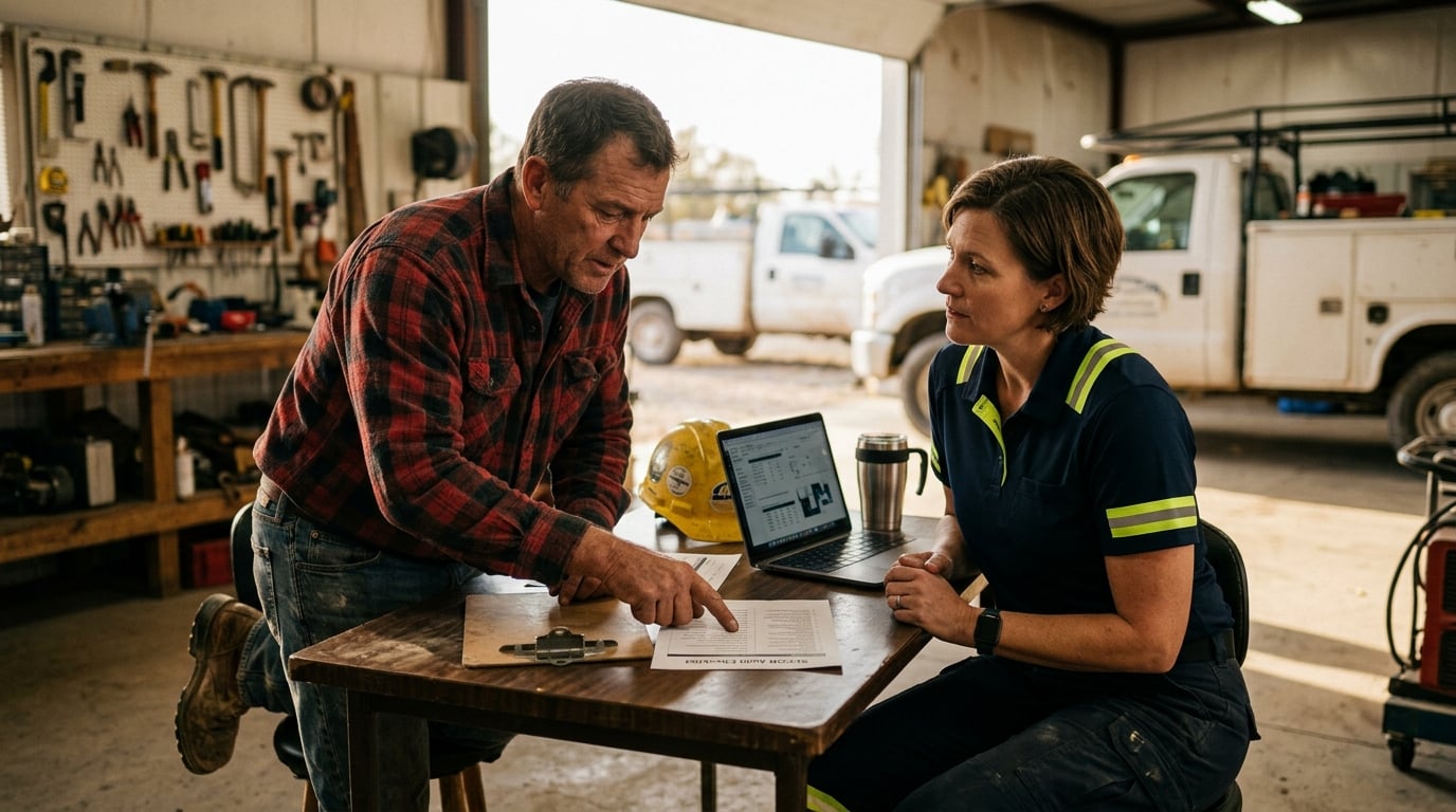A small business owner reviewing safety documentation for SECOR certification.