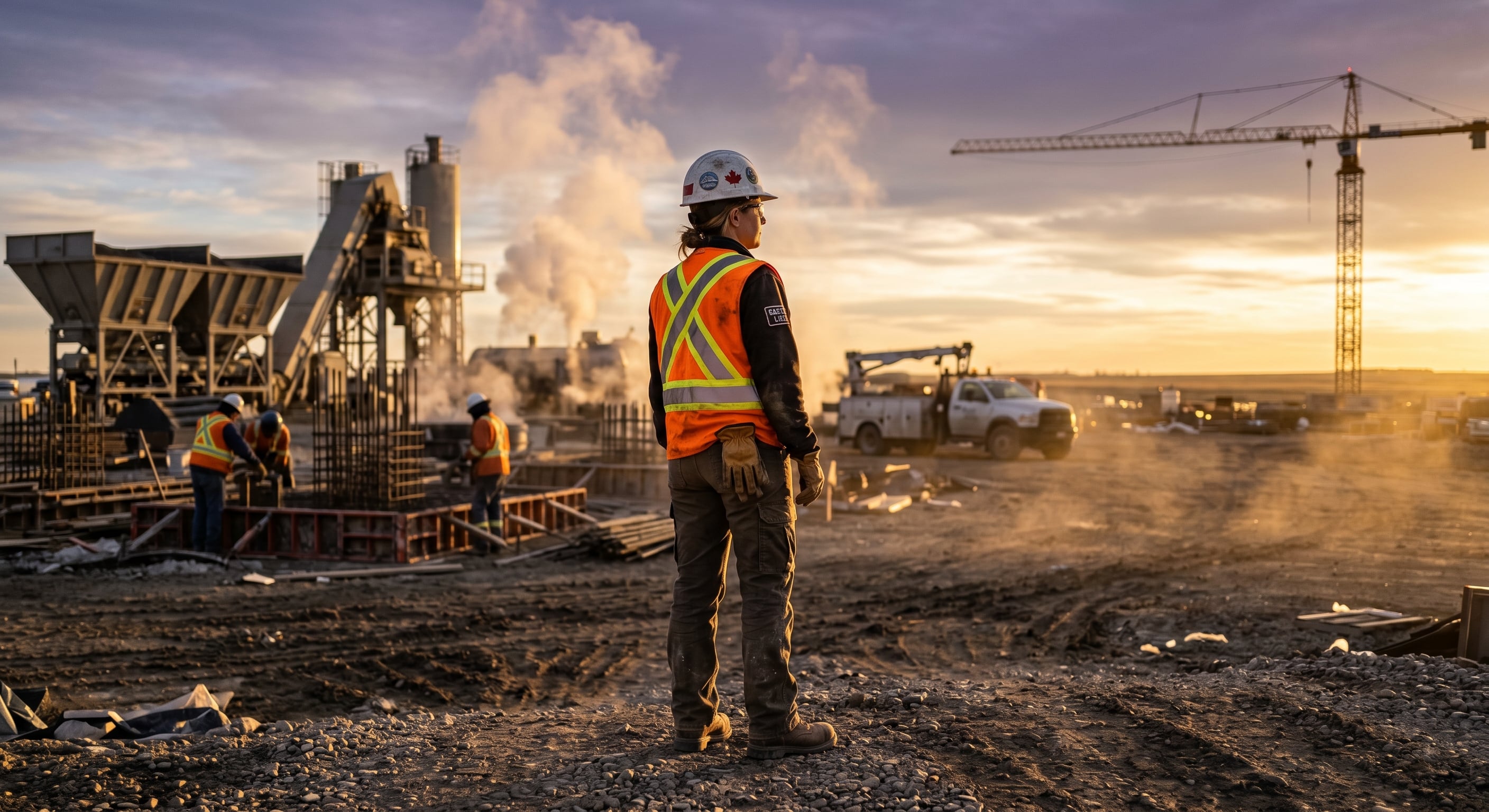 An On-Track safety lead overlooking a Western Canadian worksite at golden hour.