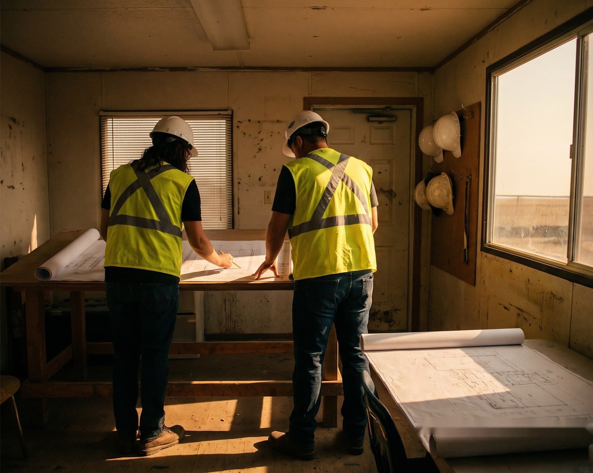 Two people in hard hats and hi-vis vests reviewing drawings at a plan table in a site trailer.