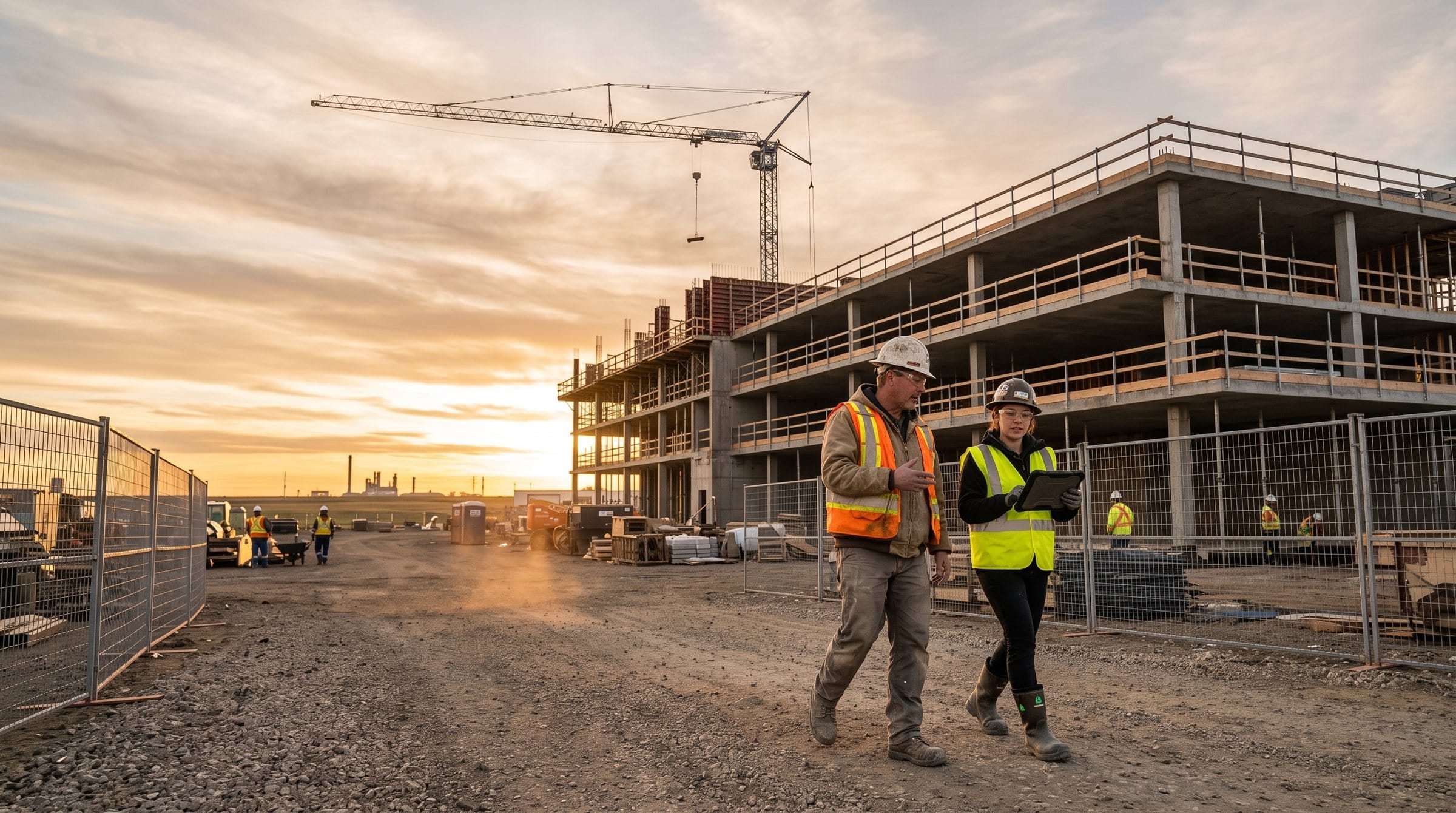 A site superintendent and a safety advisor walking a commercial construction site at sunset