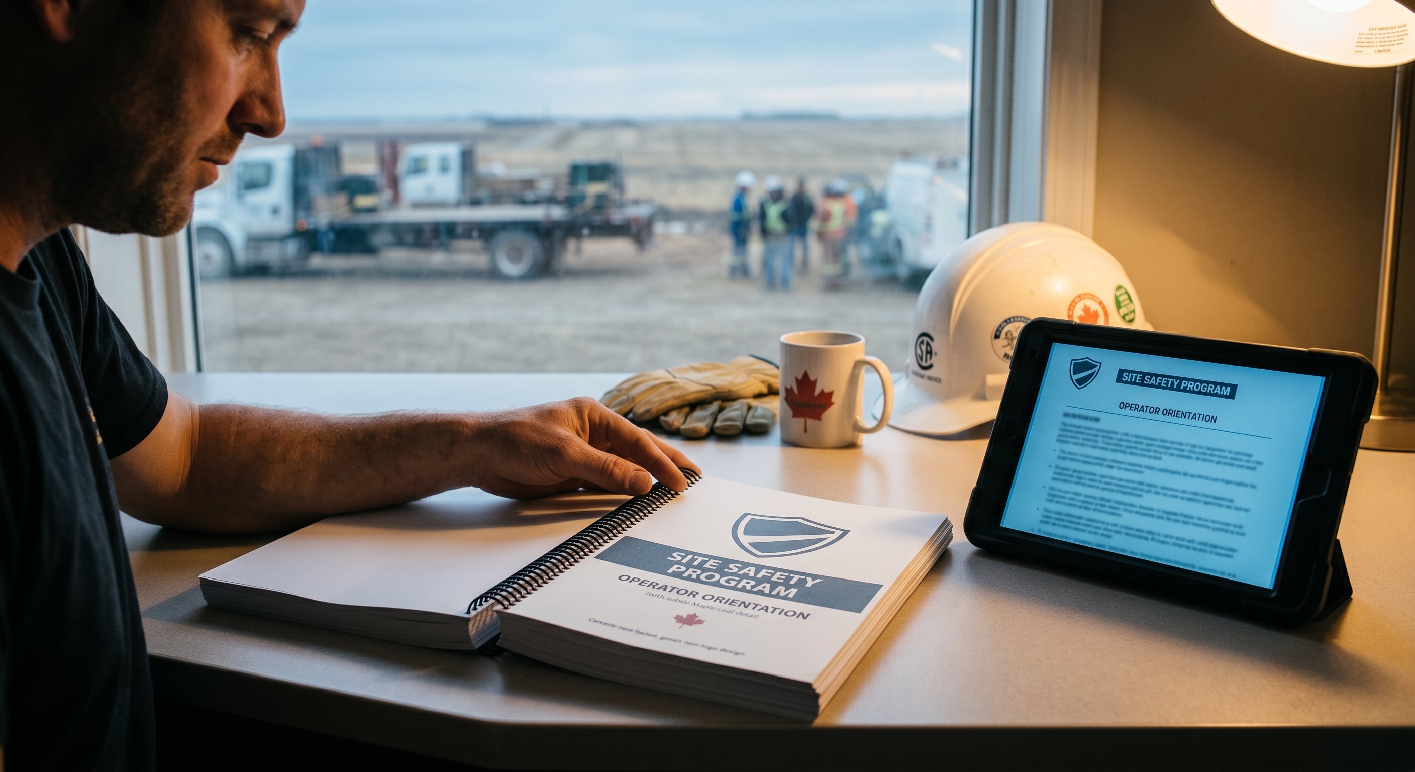 A custom On-Track safety manual on a worksite desk.