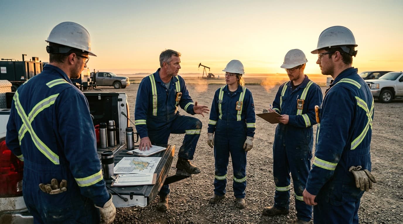 Supervisor conducting field safety training with workers